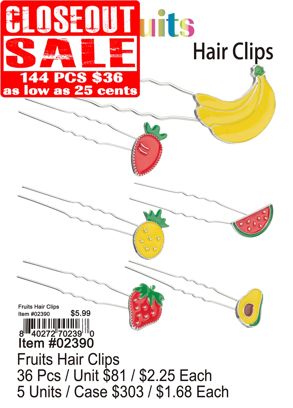 Fruit Hair Clips - Closeout 144 Pcs.